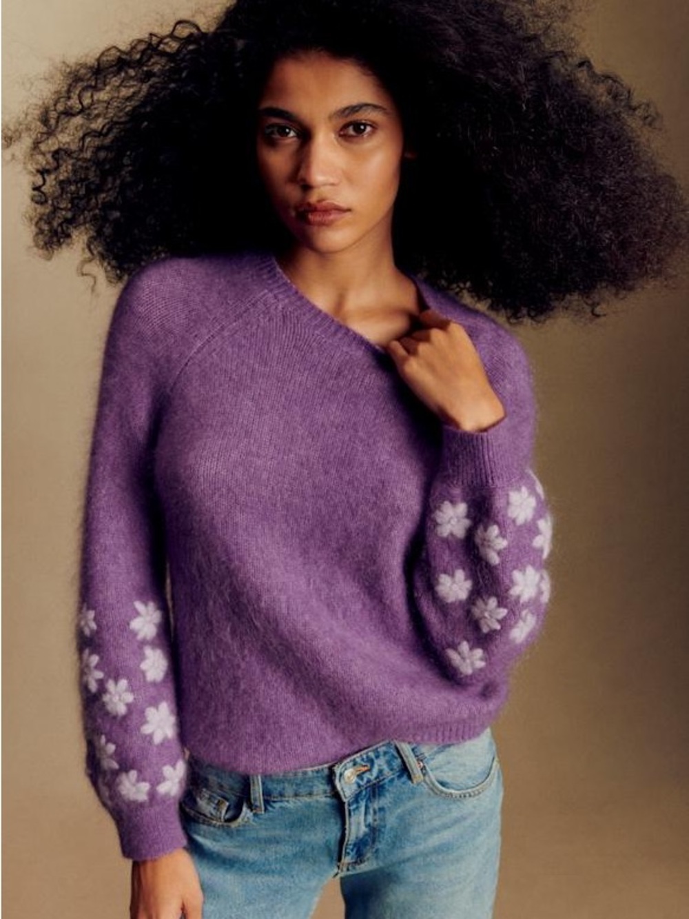 Purple Floral-Sleeve Scoop Neck Sweater